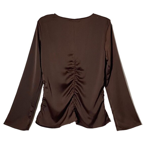 HM Satin Cinched Blouse Women's Medium Brown Trumpet Sleeves V-Neck Pullover - Picture 4 of 11